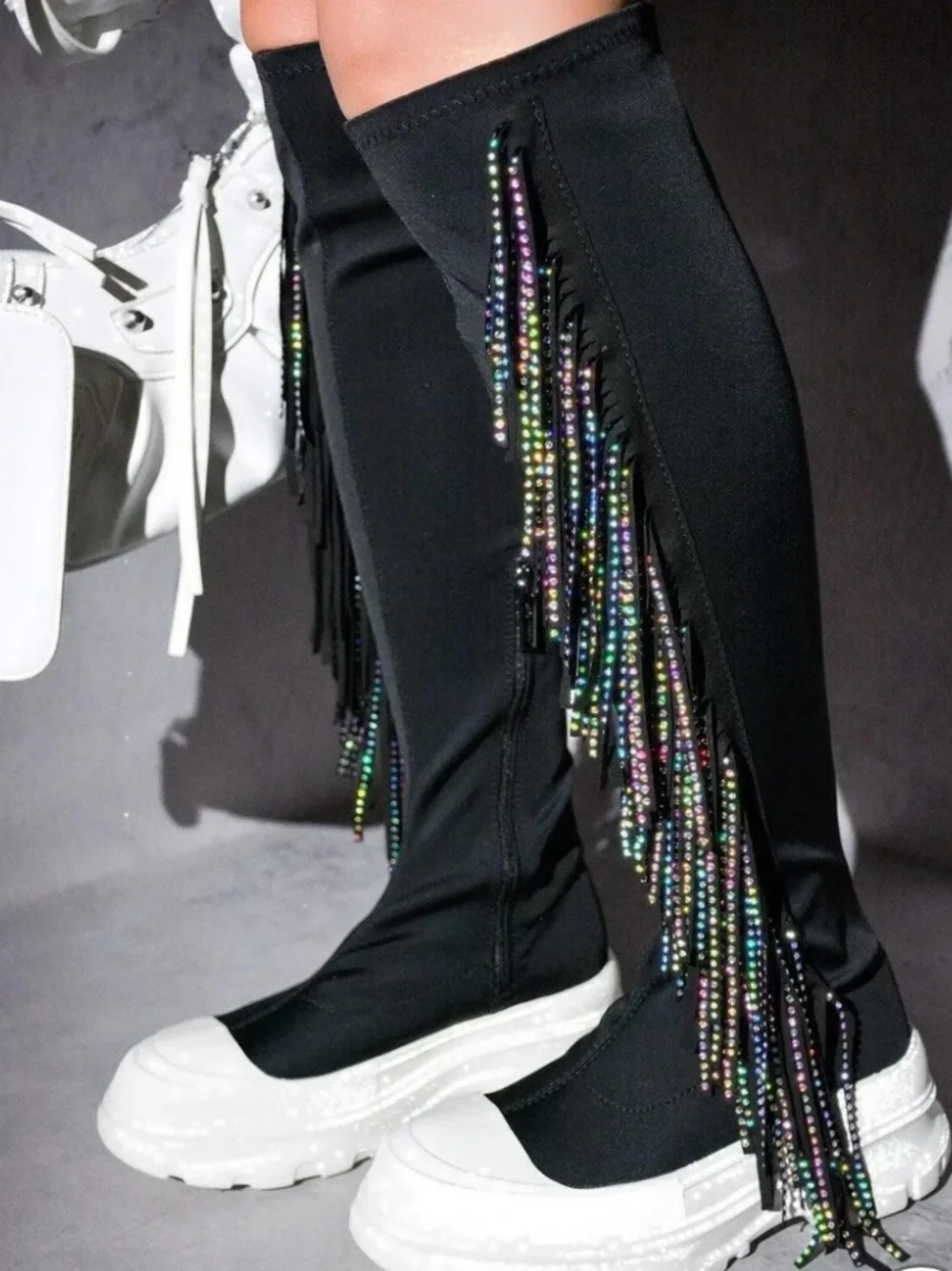 Cape Robbin ARETHA - BLACK THIGH HIGH BOOTS with Multicolor Beaded Fringe